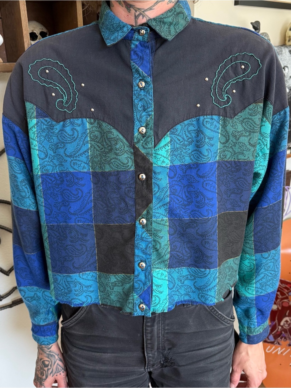 Vintage 80s 90s Circle T Cropped Boxy Paisley Plaid Western ~ Size XL
